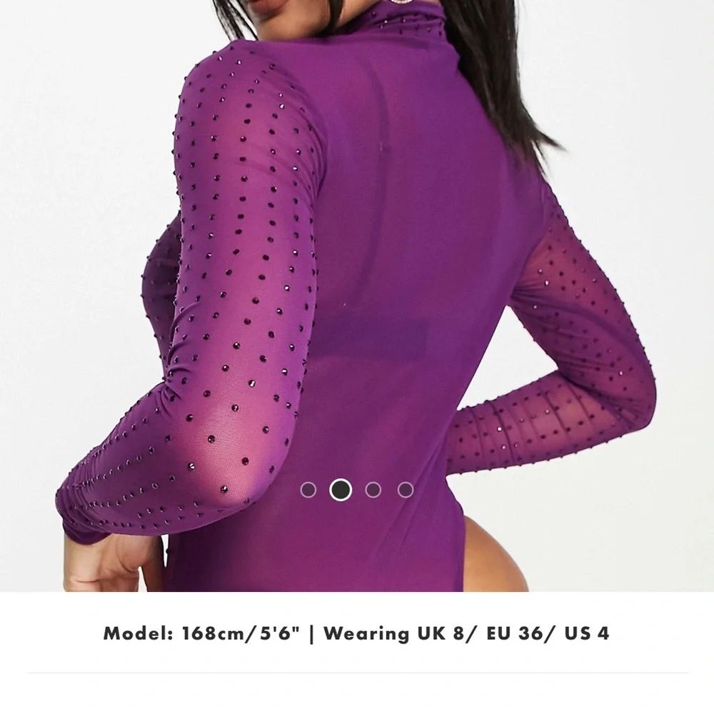 ASOS DESIGN Embellished Mock Neck Sheer Mesh Bodysuit in Purple - Picture 2 of 3